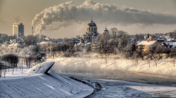 frost, winter, city, building, smoke, cityscape, cathedral, snow, trees, chimneys, frozen river, landscape, architecture, Lithuania