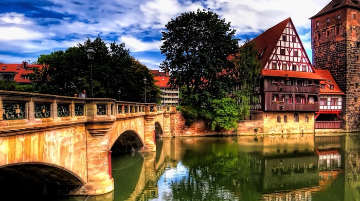 tower, old building, house, old bridge, trees, old, town, architecture, bricks, river, water, clouds, reflection