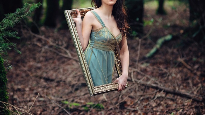 looking up, forest, nature, portrait display, blue dress, long hair, picture frames, girl outdoors, photo manipulation, model, brunette, trees, bare shoulders, Mystery, girl, magic