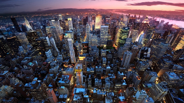 building, city, dusk, New York City, lights, urban, street light, photography, skyscraper