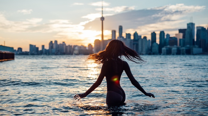 cityscape, redhead, girl, lingerie, model, ass, Toronto, sea