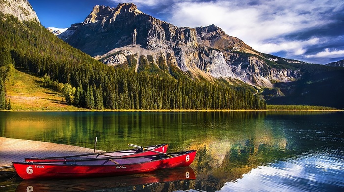 Yoho National Park, mountains, nature, lake, water, Canada, reflection, forest, sunlight, canoes, landscape