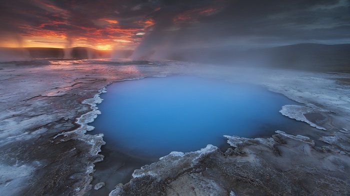 Iceland, water, landscape, clouds, blue, hot spring, nature