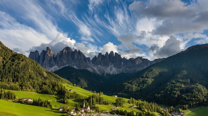 nature, Alps, Italy, summer, grass, mountains, sunlight, forest, Dolomites mountains, morning, landscape, church, village, clouds