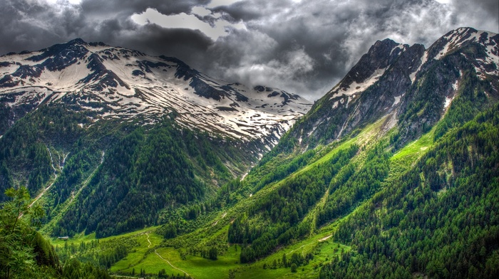landscape, spring, snowy peak, forest, nature, Swiss Alps, clouds, green