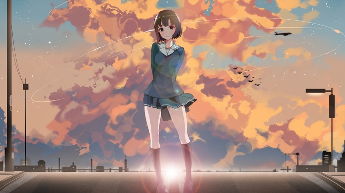 anime girls, airplane, school uniform, clouds, sunset, Saenai Heroine no Sodatekata, Katou Megumi