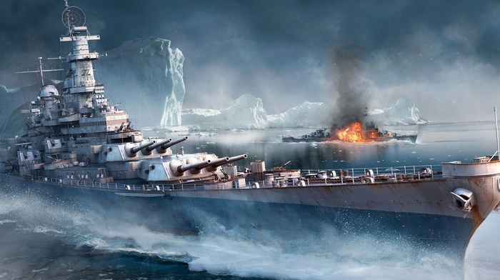 battleships, artwork, video games, World of Warships, iceberg