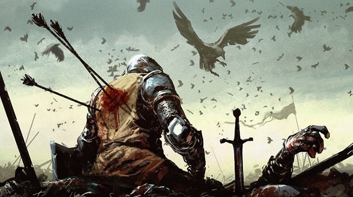 warrior, medieval, Dark Souls, blood, arrows, birds, battlefields