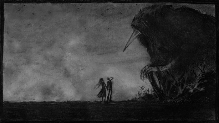 humanized, birds, humanoid, Les Discrets, charcoal, dark