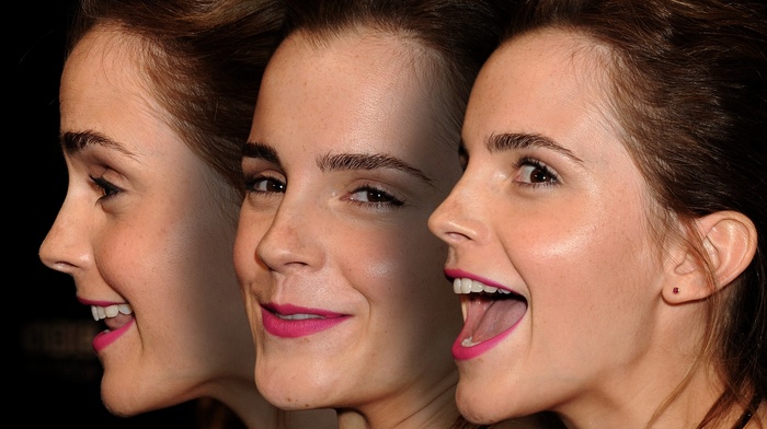 collage, portrait, girl, profile, smiling, brunette, open mouth, celebrity, face, long hair, brown eyes, Emma Watson, red lipstick, photo manipulation, actress