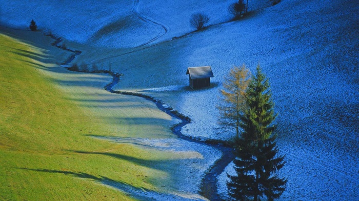 Tyrol, snow, nature, pine trees, Austria, house, grass, stream, landscape, winter, dirt road, trees, valley, field, shadow