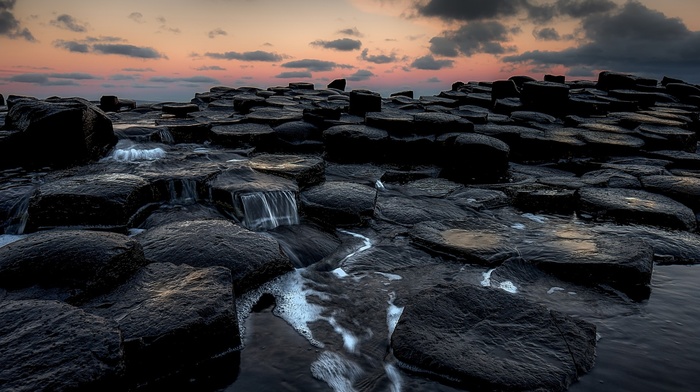 Ireland, rock formation, coast, sea, Giants Causeway, sunset, nature, clouds, landscape, water, rock, long exposure
