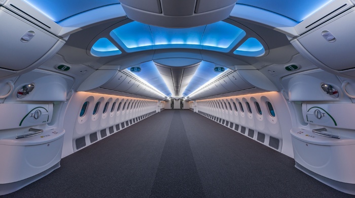 symmetry, Boeing, interior, jet fighter, modern, luxury, window, airplane, Boeing 787