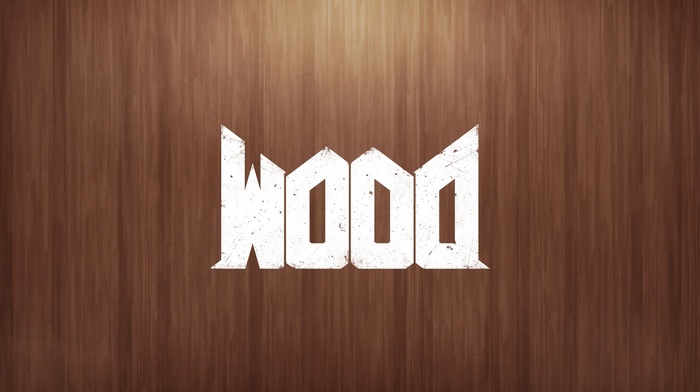 Doom game, wood, letter, video games, minimalism, wooden surface, text, simple, upside down, digital art, humor