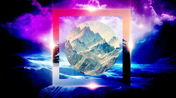 mountains, nature, polyscape, flares, circle, clouds, square