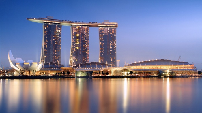 lights, Singapore, city lights, building, sea, reflection, evening, city, skyscraper