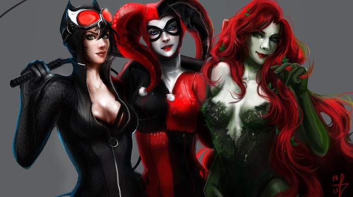 Poison Ivy, fantasy art, Catwoman, Harley Quinn, DC Comics