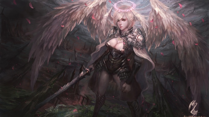 warrior, angel, sword, fantasy art, girl, artwork