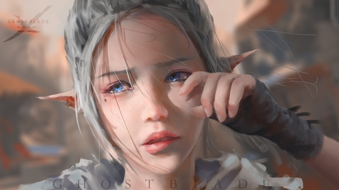 WLOP, pointed ears, tears, blue eyes, painting, elves, grey hair, crying, fantasy art