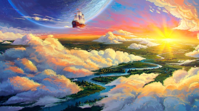 artwork, fantasy art, boat, clouds