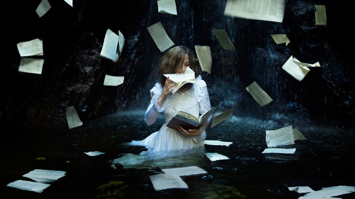 model, white dress, books, girl, water, fantasy art, pages