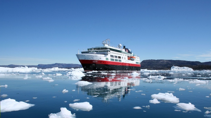 glaciers, iceberg, clouds, hills, ship, nature, ice, Greenland, sea, sky, reflection