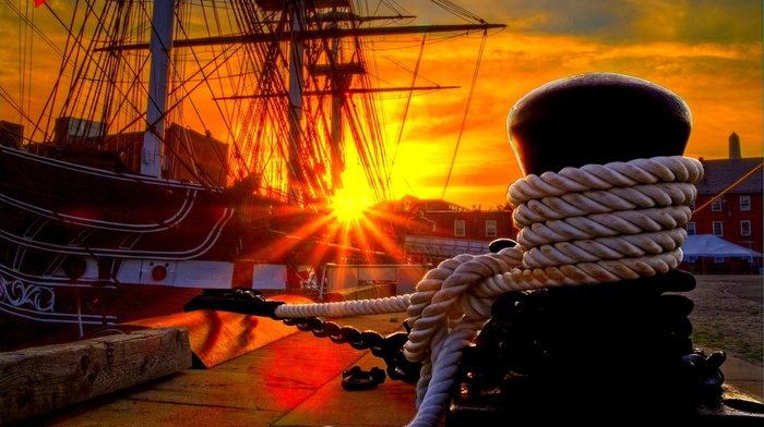 sailing ship, building, wood, house, sun rays, ropes, Sun, shipyard, harbor, HDR, clouds, ship
