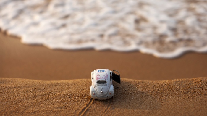 water, macro, beach, Volkswagen Beetle, car, toys