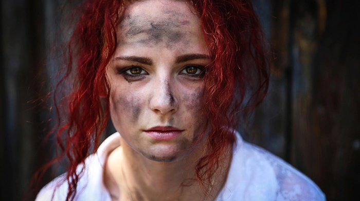 dirt, face, model, girl, redhead