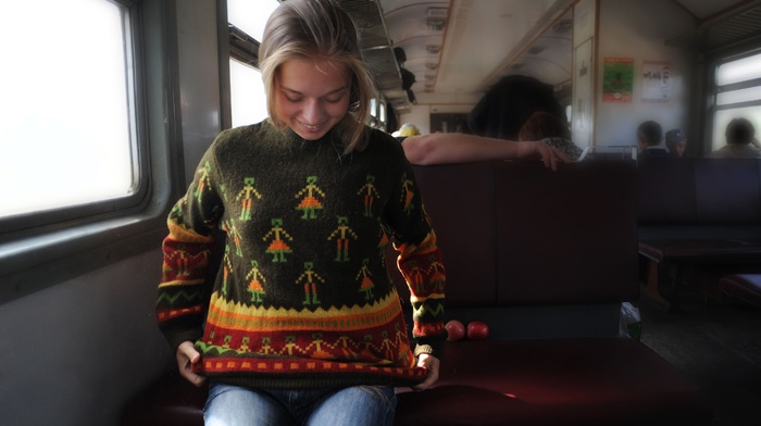 train, Milena D, blonde, MetArt Magazine, sweater, jeans