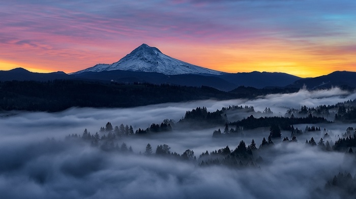 Oregon, colorful, mountains, mist, forest, sky, nature, landscape, snowy peak