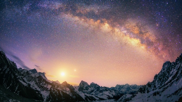 long exposure, Himalayas, mountains, galaxy, nature, landscape, sunlight, Nepal, stars, Milky Way, snow