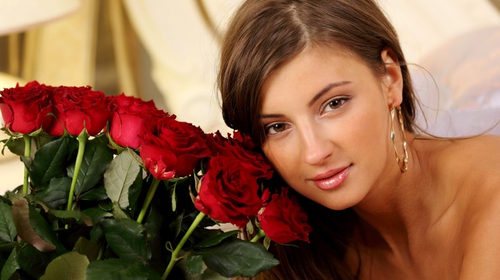 Maria Ryabushkina, flowers, looking at viewer, girl, brunette, rose