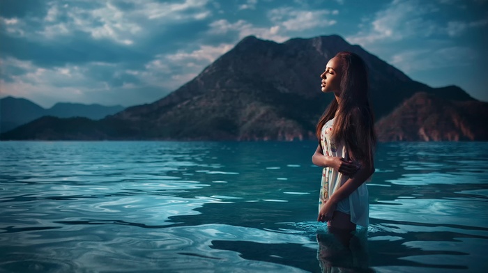 sea, girl outdoors, water, model, girl