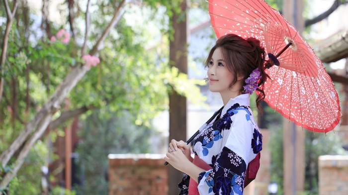girl, Asian, umbrella, model