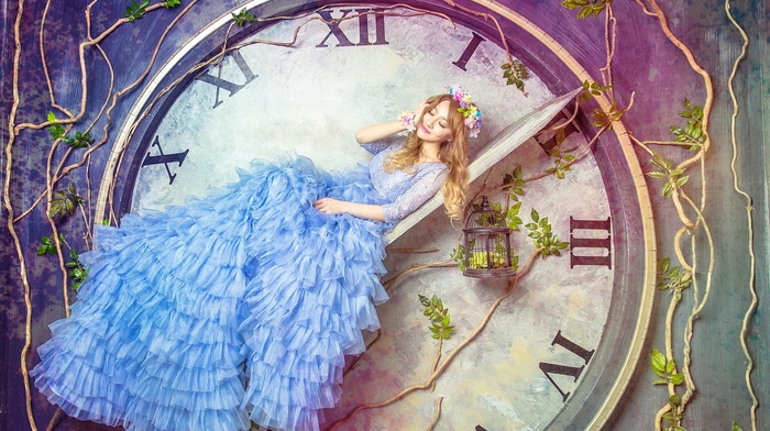 clocks, fantasy art, cages, Alice, model, girl, fantasy girl, blue dress, closed eyes, dress