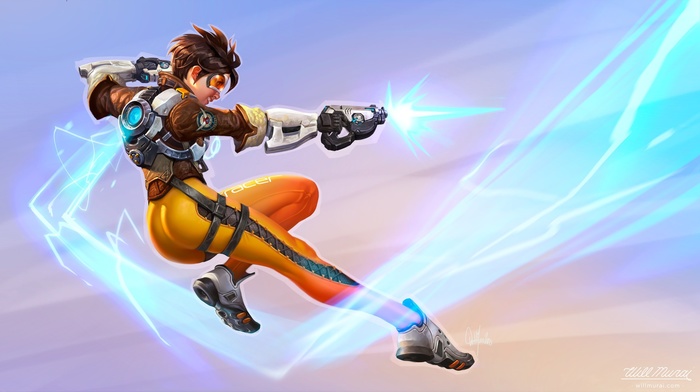 dark hair, science fiction, shooting, legs, Tracer Overwatch, weapon, short hair, suits, Overwatch, Lena Oxton, simple background, Blizzard Entertainment