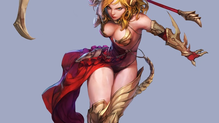 blonde, scythe, long hair, simple background, cleavage, weapon, legs