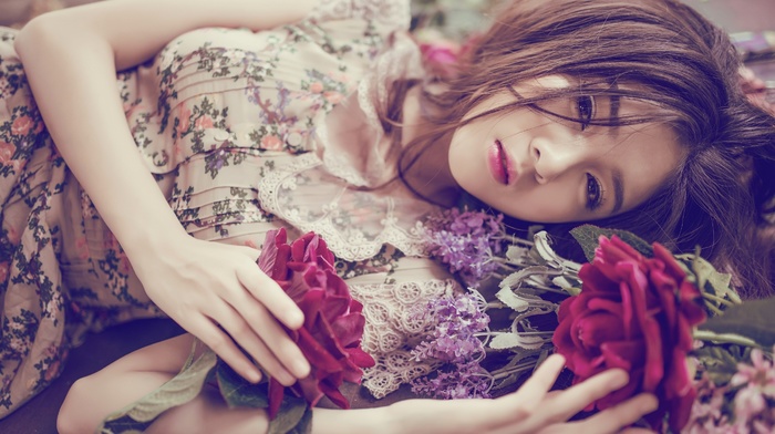 girl, flowers, Asian, model