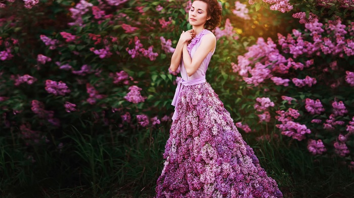 girl, flowers, model, closed eyes, pink dress, pink flowers, girl outdoors