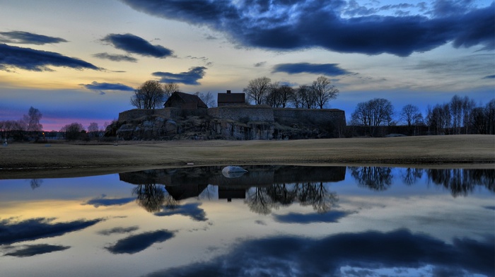 landscape, house, nature, lake, trees, reflection, clouds