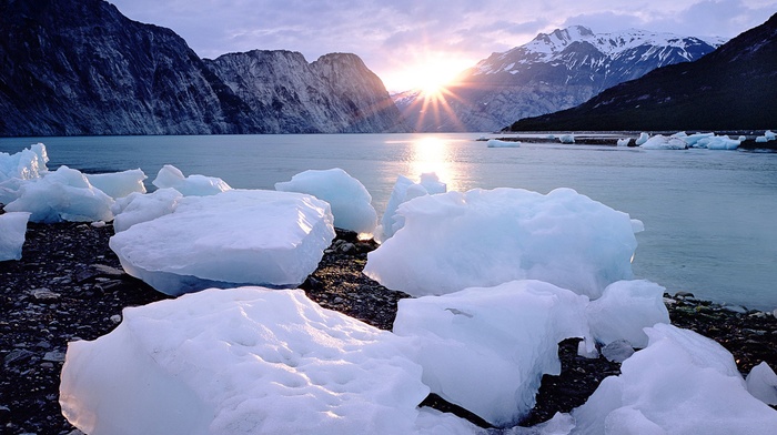 water, photography, ice, lake, mountains, nature, sunlight