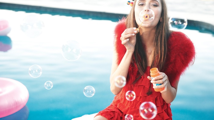 bubbles, swimming pool, red dress, nina dobrev