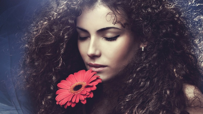 model, curly hair, girl, flowers