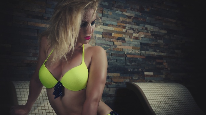 girl, blonde, yellow bra, model