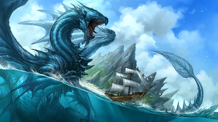 artwork, ship, split view, fantasy art, dragon