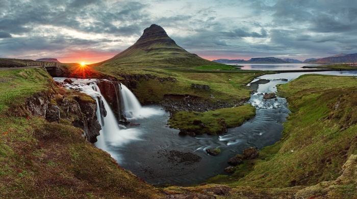 sunset, waterfall, nature, Iceland, Kirkjufell