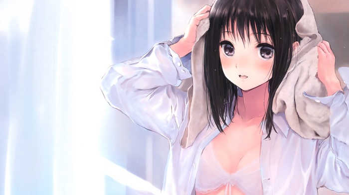 anime, black hair, cleavage, towel, original characters, underwear, anime girls