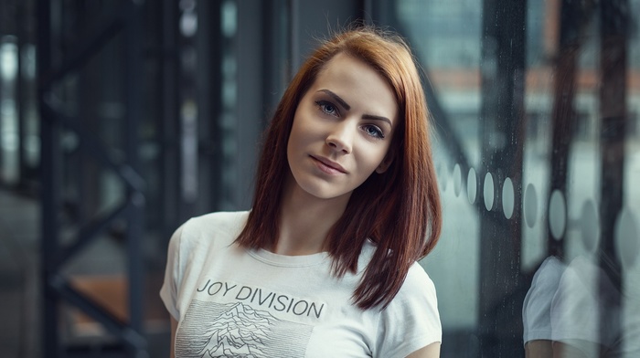 redhead, girl, portrait, T, shirt, looking at viewer