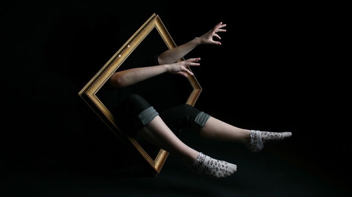 legs, simple, picture frames, hands, people, magic, black background, socks, photo manipulation